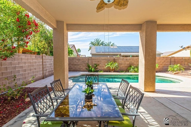12147 E 33rd St, Yuma, AZ 85367 - view of patio / terrace with a fenced backyard, a fenced in pool, outdoor dining space, and ceiling fan