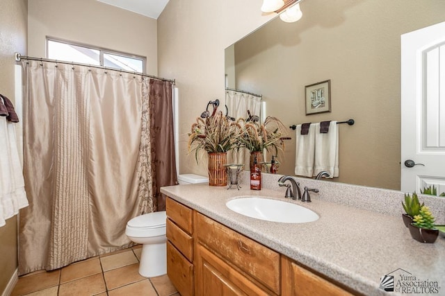 12147 E 33rd St, Yuma, AZ 85367 - bathroom with vanity, tile patterned flooring, a shower with curtain, and toilet