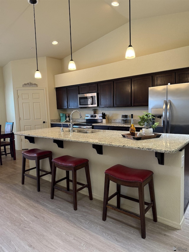 kitchen featuring a kitchen island with sink, dark brown cabinetry, vaulted ceiling, light wood-type flooring, and stainless steel appliances