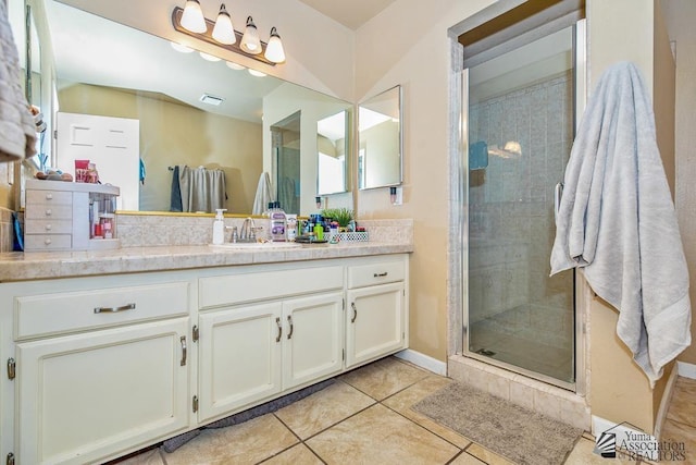 1465 E Laguna Pl Unit 4, Yuma, AZ 85365 - bathroom with vanity, baseboards, tile patterned flooring, and a stall shower
