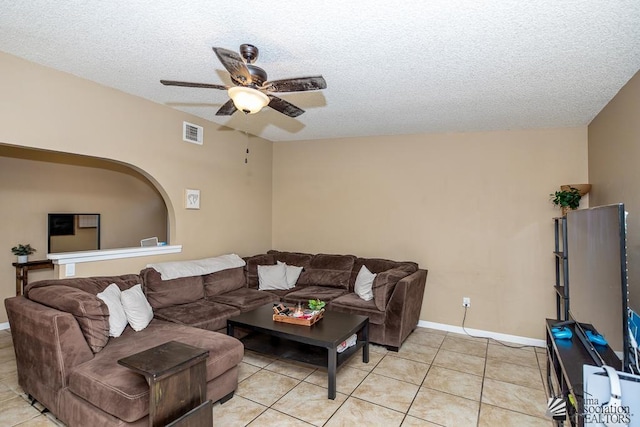 1465 E Laguna Pl Unit 4, Yuma, AZ 85365 - living room with light tile patterned flooring, a textured ceiling, a ceiling fan, baseboards, and visible vents