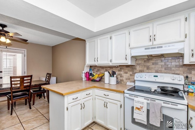1465 E Laguna Pl Unit 4, Yuma, AZ 85365 - kitchen with light countertops, a peninsula, white range with electric stovetop, under cabinet range hood, and white cabinetry
