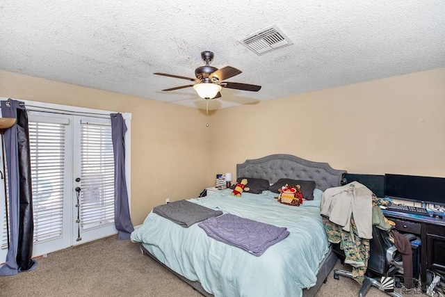 1465 E Laguna Pl Unit 4, Yuma, AZ 85365 - carpeted bedroom with a ceiling fan, a textured ceiling, visible vents, and access to exterior