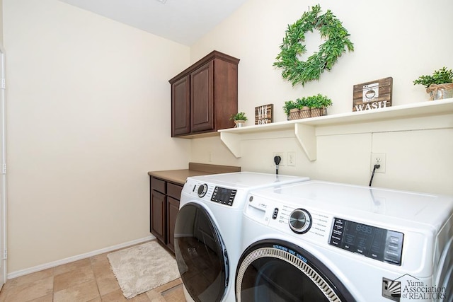 3674 W 39th St, Yuma, AZ 85365 - clothes washing area with cabinet space, separate washer and dryer, and baseboards