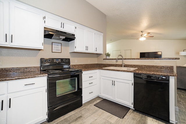 6340 E 45th Pl, Yuma, AZ 85365 - kitchen with black appliances, under cabinet range hood, a sink, a peninsula, and white cabinets
