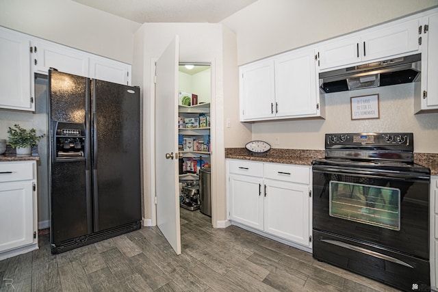 6340 E 45th Pl, Yuma, AZ 85365 - kitchen featuring black appliances, under cabinet range hood, white cabinets, dark wood finished floors, and dark stone countertops