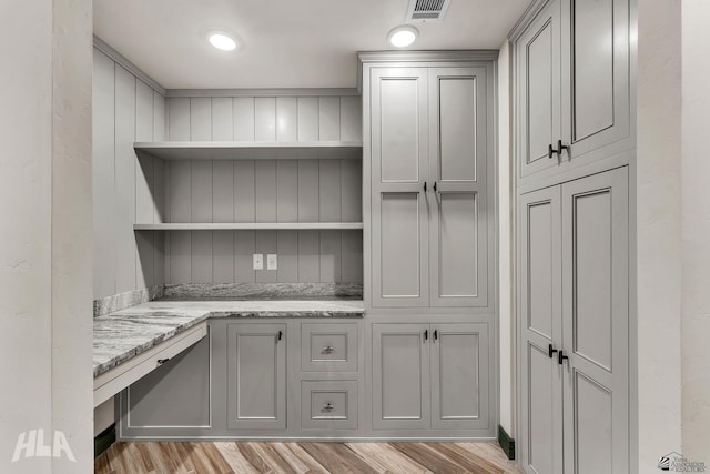interior space with light wood-style flooring and visible vents
