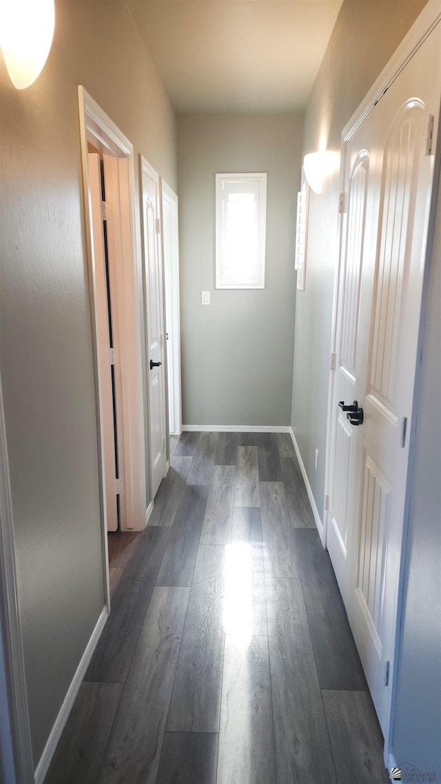 hallway featuring baseboards and dark wood-style floors