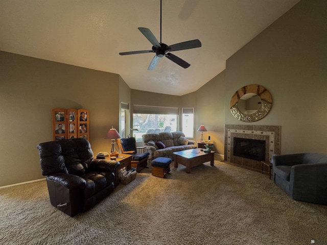10193 S Del Rey Dr, Yuma, AZ 85367 - carpeted living area featuring a ceiling fan, high vaulted ceiling, baseboards, and a fireplace