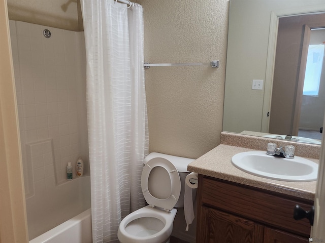 3708 S Desert Oasis Dr, Yuma, AZ 85365 - full bath with vanity, toilet, a textured wall, and shower / bath combo with shower curtain