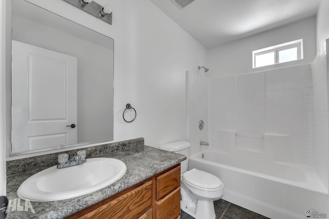 full bath featuring tile patterned flooring, visible vents, tub / shower combination, toilet, and vanity