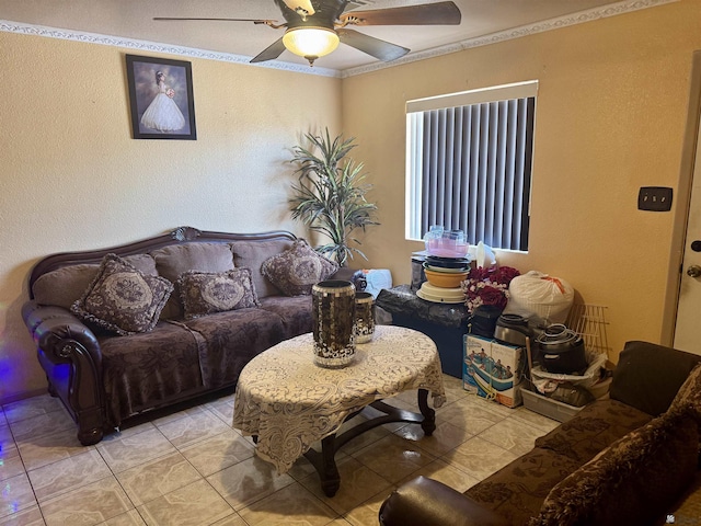 219 E Rio Sonora St, San Luis, AZ 85336 - living room with ceiling fan, light tile patterned flooring, and a textured wall