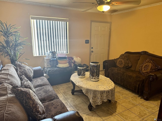 219 E Rio Sonora St, San Luis, AZ 85336 - living area with ceiling fan, light tile patterned floors, and ornamental molding