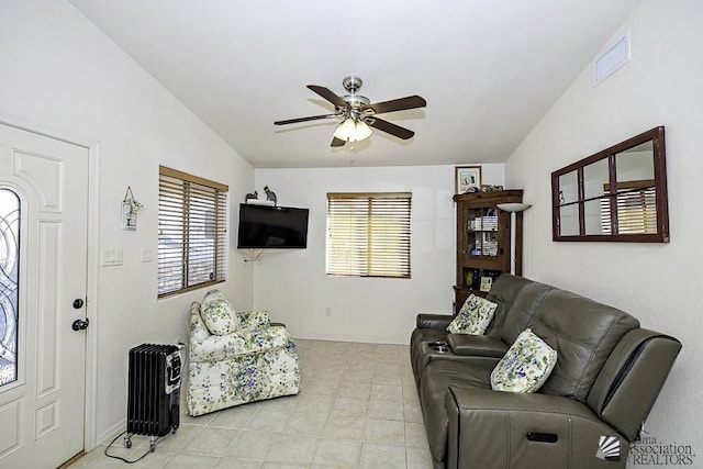 13405 E 54th St, Yuma, AZ 85367 - living area featuring visible vents, a ceiling fan, light tile patterned flooring, and a healthy amount of sunlight