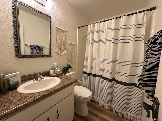 2240 S Elks Ln # 21, Yuma, AZ 85364 - bathroom with vanity, wood finished floors, toilet, a textured wall, and shower / tub combo