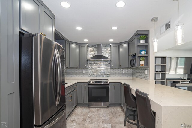 1790 S Meadowbrook Ave, Yuma, AZ 85364 - kitchen featuring open shelves, gray cabinets, wall chimney range hood, and stainless steel appliances