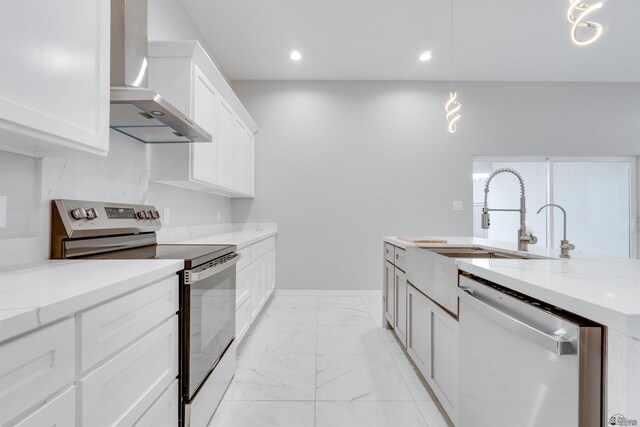 3539 S Akers Way, Yuma, AZ 85365 - kitchen featuring marble finish floor, stainless steel range with electric stovetop, wall chimney exhaust hood, a sink, and dishwasher