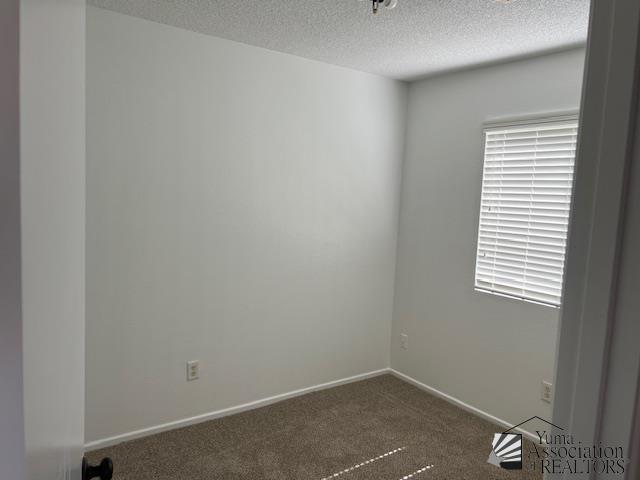 carpeted spare room featuring a textured ceiling and baseboards