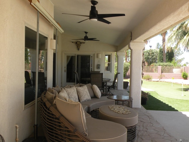 10224 S Fairway Ln, Yuma, AZ 85367 - view of patio featuring a putting area, fence, an outdoor living space, ceiling fan, and outdoor dining area