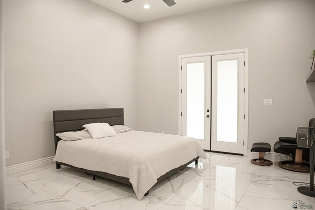12815 S Greenview Way Greenview Way, Yuma, AZ 85365 - bedroom featuring light marble finish flooring, french doors, recessed lighting, and ceiling fan