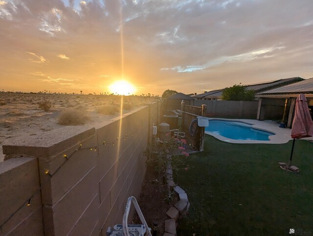 view of pool with a patio, a fenced backyard, a fenced in pool, a gazebo, and a yard
