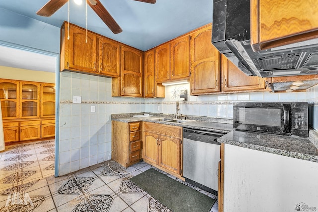 1802 S 11th Ave, Yuma, AZ 85364 - kitchen featuring dishwasher, black microwave, ceiling fan, light tile patterned floors, and a sink