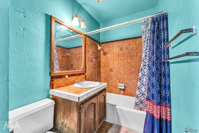 1802 S 11th Ave, Yuma, AZ 85364 - bathroom with a textured wall, toilet, shower / bath combination with curtain, vanity, and tile patterned floors