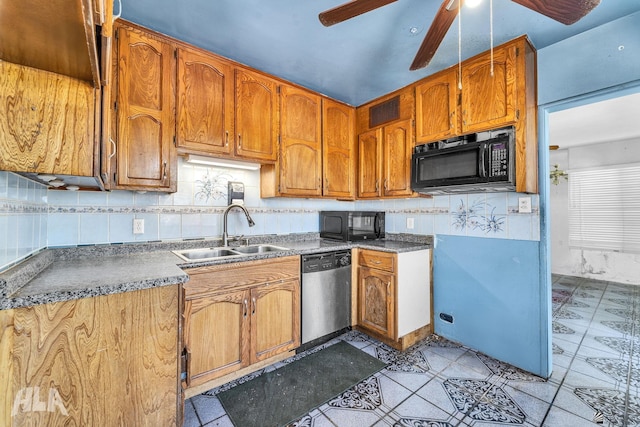 1802 S 11th Ave, Yuma, AZ 85364 - kitchen with stainless steel dishwasher, black microwave, a sink, and ceiling fan