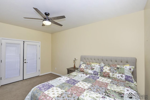 carpeted bedroom with baseboards, ceiling fan, and french doors