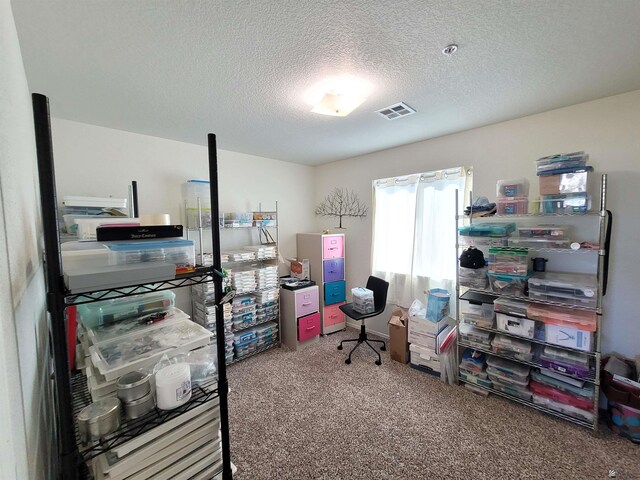 office area featuring visible vents, a textured ceiling, and carpet floors