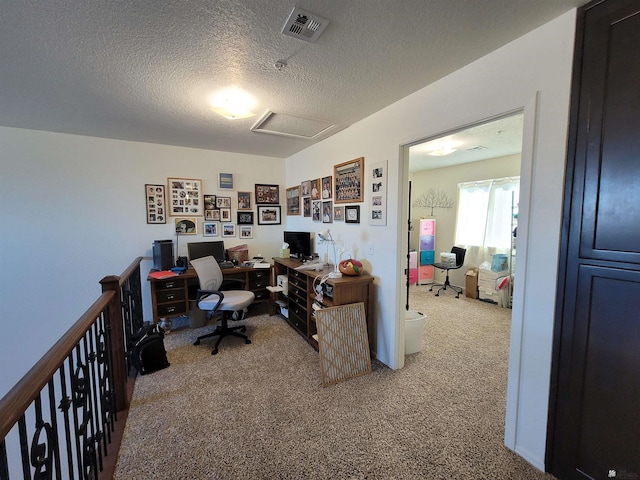 office area featuring a textured ceiling, visible vents, and carpet