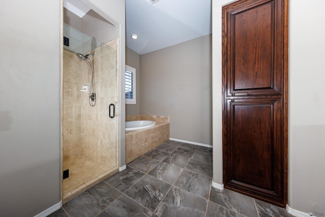 12839 S Drucilla Ln, Yuma, AZ 85367 - full bath with a stall shower, a bath, baseboards, and marble finish floors