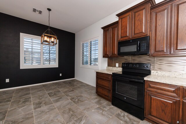 12839 S Drucilla Ln, Yuma, AZ 85367 - kitchen with black appliances, a chandelier, baseboards, decorative backsplash, and pendant lighting