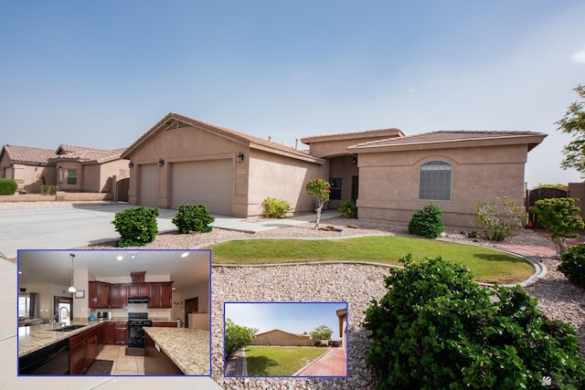 12127 E 35th St, Yuma, AZ 85367 - view of front of house with driveway, exterior kitchen, a sink, an attached garage, and stucco siding
