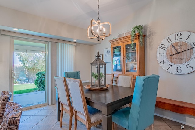 dining room with light tile patterned flooring, a chandelier, and recessed lighting