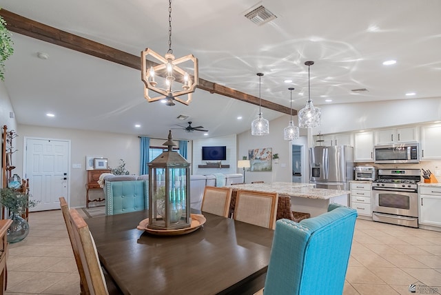dining area featuring recessed lighting, lofted ceiling with beams, light tile patterned floors, and visible vents