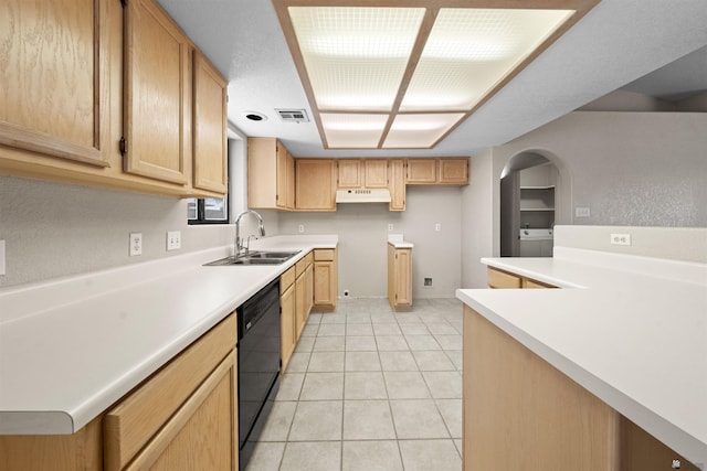 11212 E 37th Ln, Yuma, AZ 85367 - kitchen with a sink, under cabinet range hood, dishwasher, light tile patterned floors, and light brown cabinetry