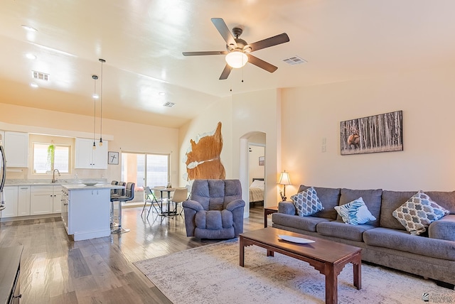 10237 S Monsoon Ave, Yuma, AZ 85365 - living room with arched walkways, ceiling fan, light wood finished floors, and vaulted ceiling