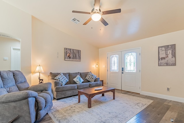 10237 S Monsoon Ave, Yuma, AZ 85365 - living room featuring wood finished floors, a ceiling fan, high vaulted ceiling, and arched walkways