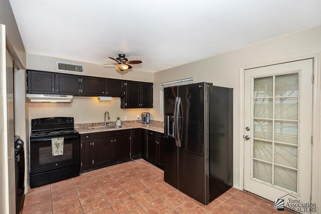 1878 S Meadowbrook Ave, Yuma, AZ 85364 - kitchen featuring black appliances, a sink, under cabinet range hood, a ceiling fan, and light stone counters