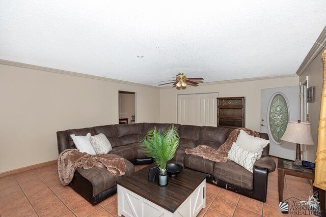 1878 S Meadowbrook Ave, Yuma, AZ 85364 - living room with light tile patterned floors, a ceiling fan, crown molding, and a textured ceiling