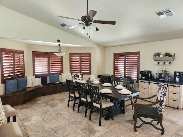1404 W Parkway Dr, Yuma, AZ 85364 - dining area with ceiling fan, lofted ceiling, healthy amount of natural light, and light tile patterned flooring