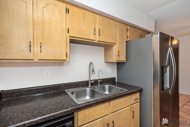 1508 W 14th St, Yuma, AZ 85364 - kitchen with a sink, dark countertops, stainless steel refrigerator with ice dispenser, and dishwashing machine