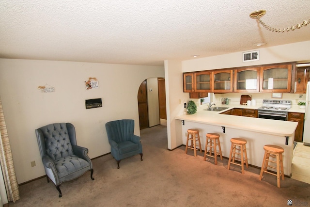 634 E 25th Pl, Yuma, AZ 85365 - kitchen featuring visible vents, electric stove, arched walkways, brown cabinets, and a sink