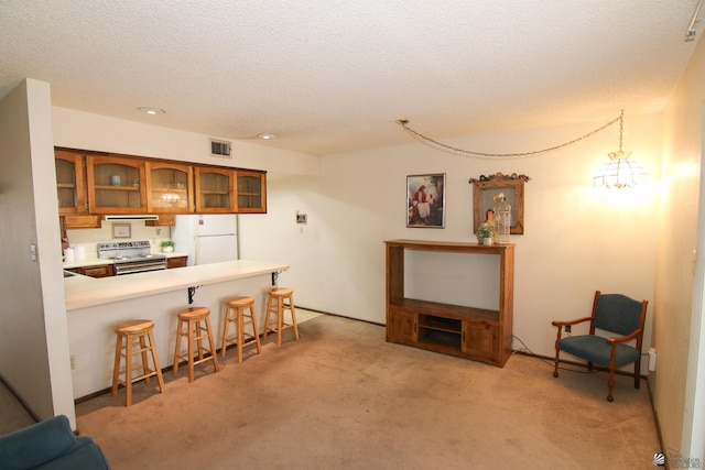 634 E 25th Pl, Yuma, AZ 85365 - interior space with light colored carpet, freestanding refrigerator, a kitchen bar, stainless steel electric stove, and glass insert cabinets