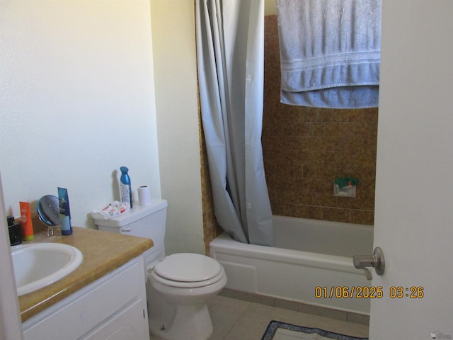 full bathroom with tile patterned floors, vanity, shower / bath combination with curtain, and toilet