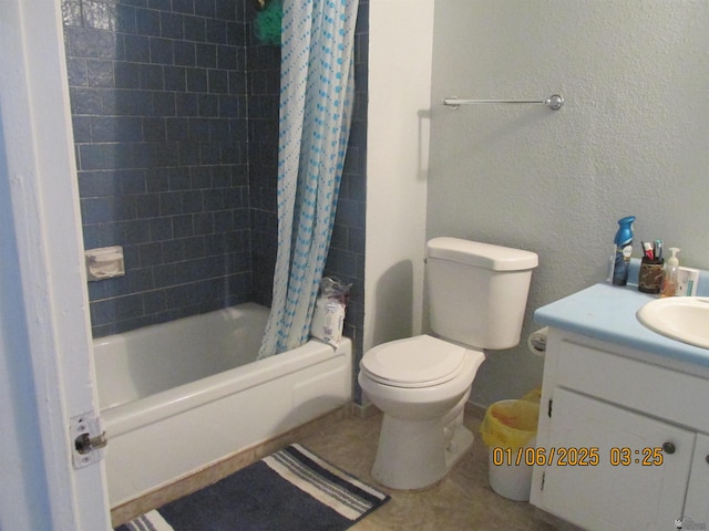 full bathroom with tile patterned floors, vanity, toilet, and shower / bathtub combination with curtain