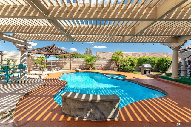 10538 S Del Vista Dr, Yuma, AZ 85367 - view of swimming pool with area for grilling, a pergola, a patio, a fenced backyard, and outdoor dining space