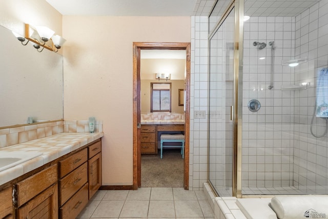 10538 S Del Vista Dr, Yuma, AZ 85367 - full bathroom with a stall shower, vanity, tile patterned flooring, and a chandelier