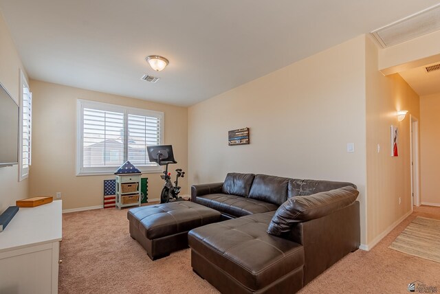 6533 E 35th Pl, Yuma, AZ 85365 - living room featuring light colored carpet, baseboards, and attic access